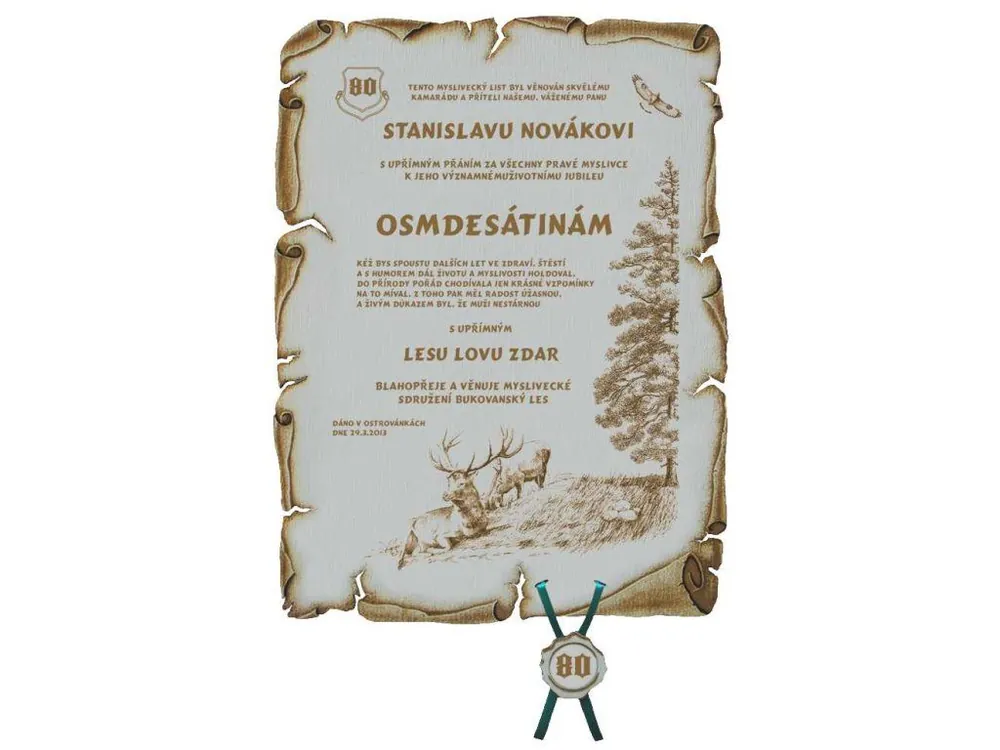 Gratulace myslivec č.743 pergamen z překližky - Vše pro lov - Kvalita na prvním místě Nejlepší Cena